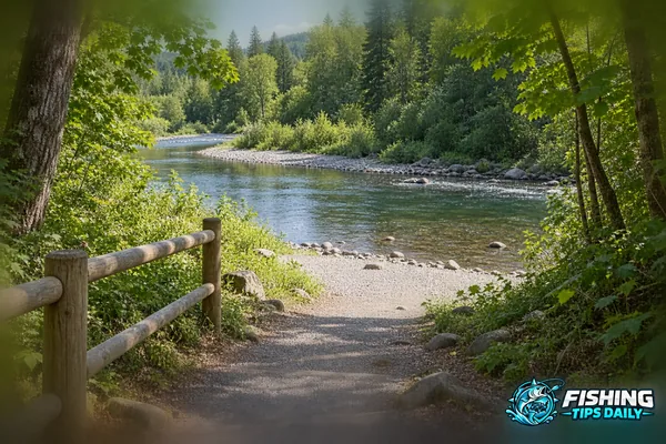 Maintained shoreline trail leading to an open gravel fishing bank