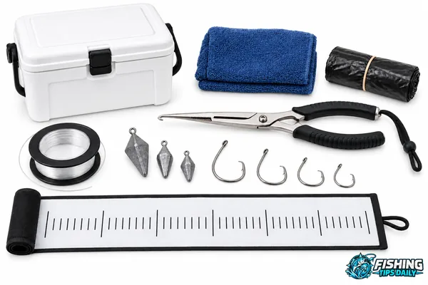 Pier fishing essentials including pliers, leader, hooks, sinkers, a measuring mat, cooler, towel, and waste bag