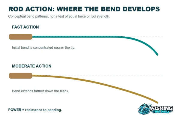 Diagram comparing the bend of fast- and moderate-action rods