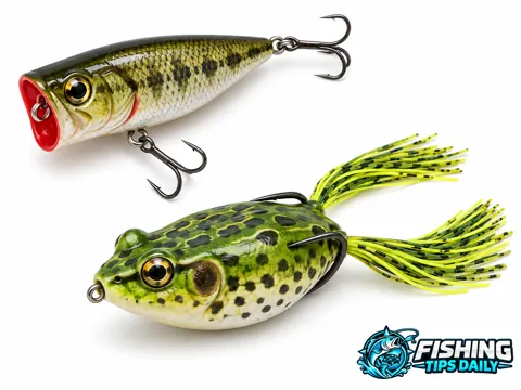 Topwater fishing lures including a hollow-body frog