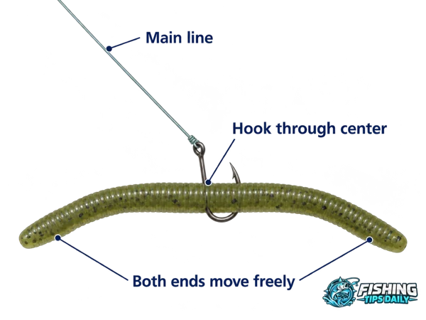 Wacky rig: line tied to a hook through the center of a soft-plastic worm, leaving both ends free.
