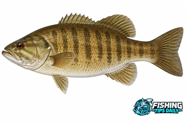 Bronze smallmouth bass facing left, with vertical bars and a smaller mouth.