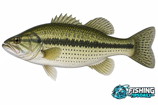 Spotted bass facing left, with a dark side stripe and rows of small spots below it.