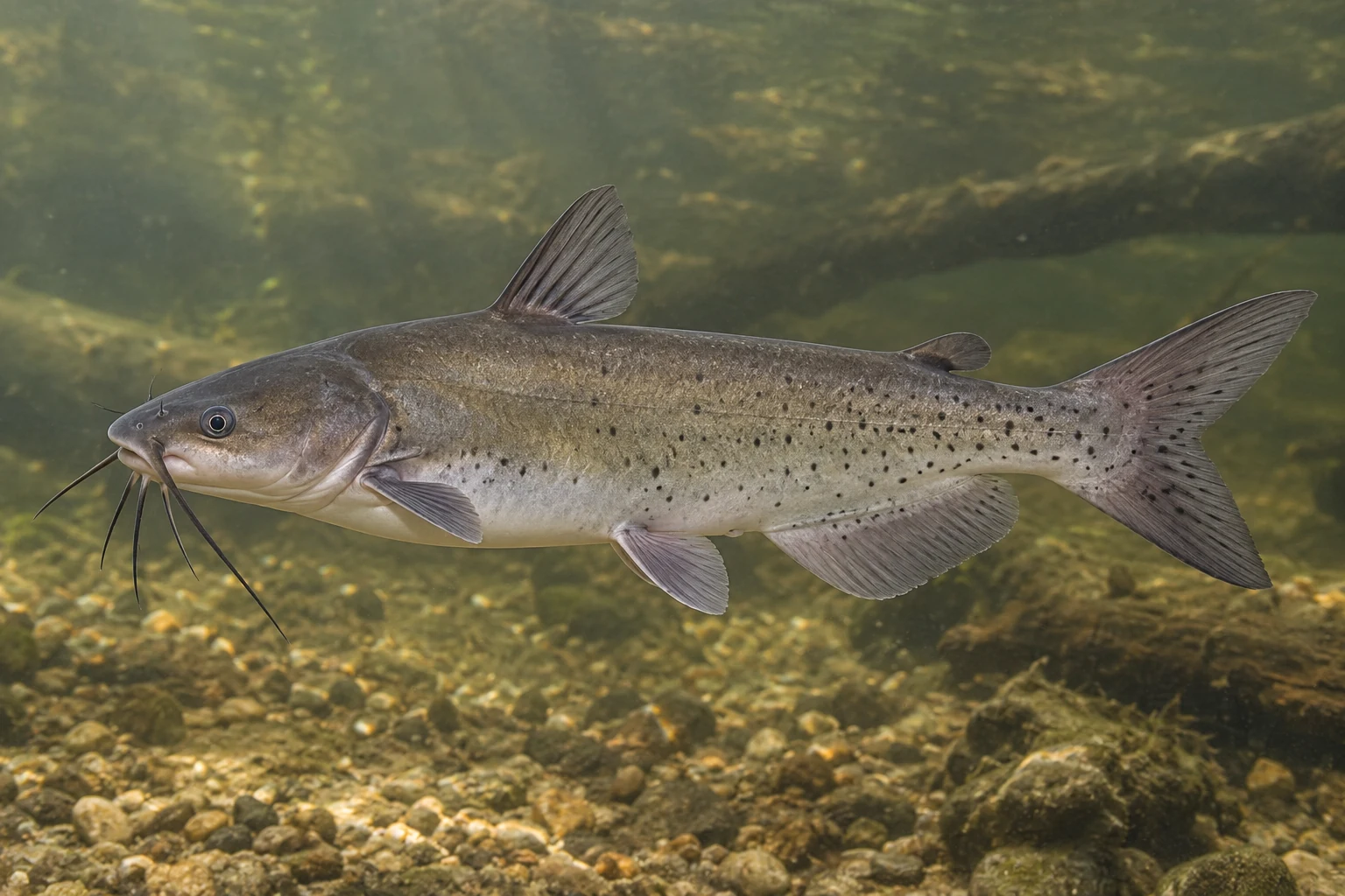 Channel Catfish (Ictalurus punctatus), showing a forked tail, spotted sides and mouth barbels