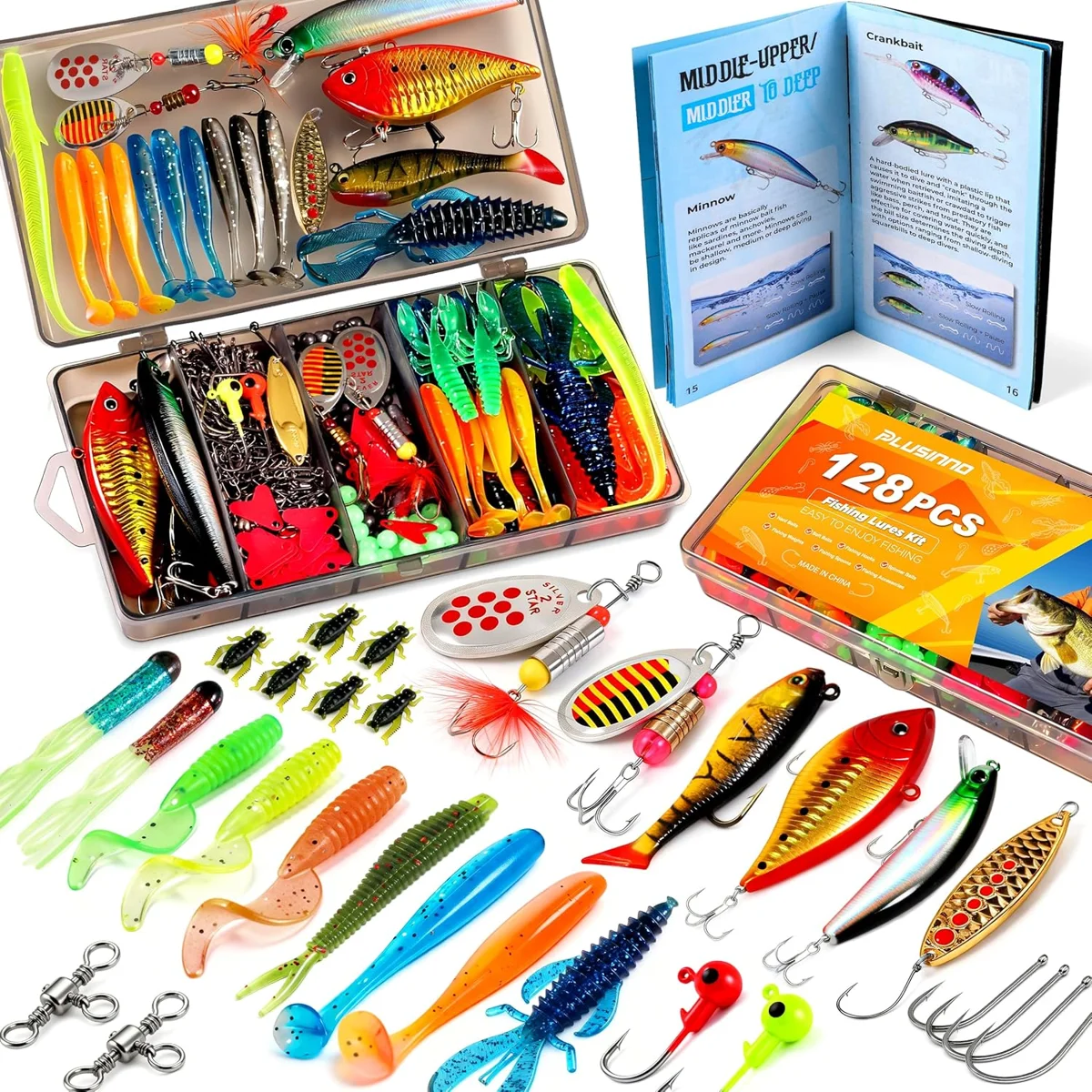 PLUSINNO 128-Piece Fishing Tackle Kit with Handbook — 128-piece tackle kit and handbook