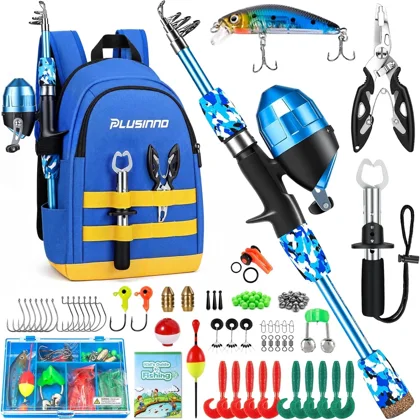 PLUSINNO Kids Fishing Pole, Telescopic Boys Fishing Rod Gear Kit & Backpack