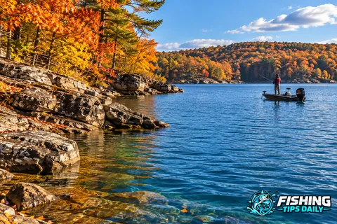 Fall fishing lake with orange foliage, a rocky point, and an angler in a boat