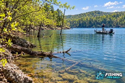 Spring lake fishing beside new green foliage and submerged shoreline timber