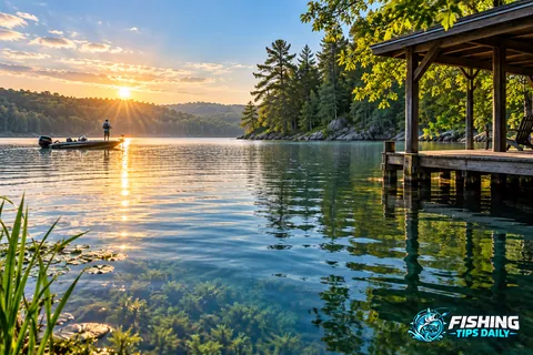 Summer lake at sunrise with a shaded fishing dock and an angler offshore