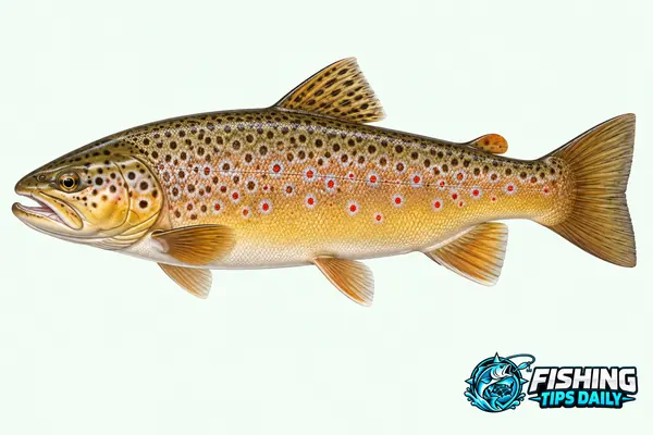 Brown trout identification illustration, facing left.