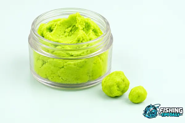 Chartreuse floating trout dough in a plain jar with two small portions.