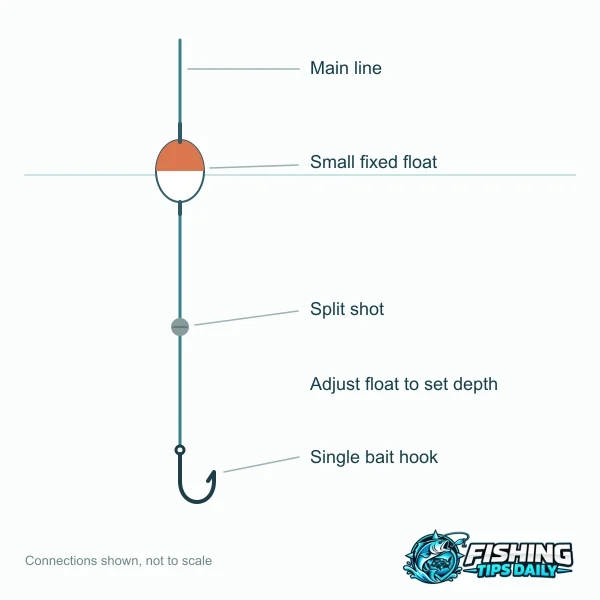A fixed-float bait rig, labeled connection diagram.