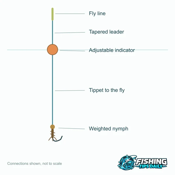 An indicator-and-nymph rig, labeled connection diagram.