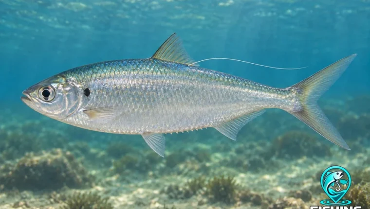 Atlantic Thread Herring with a silver body and a trailing dorsal-fin ray.