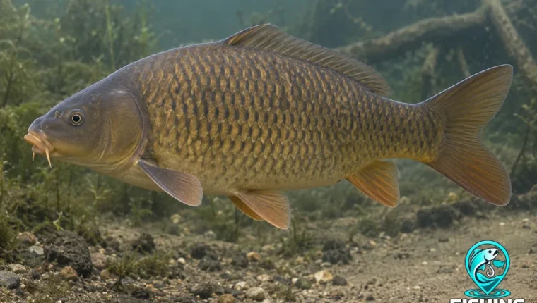 Common Carp with large bronze scales, mouth barbels and a long dorsal fin.