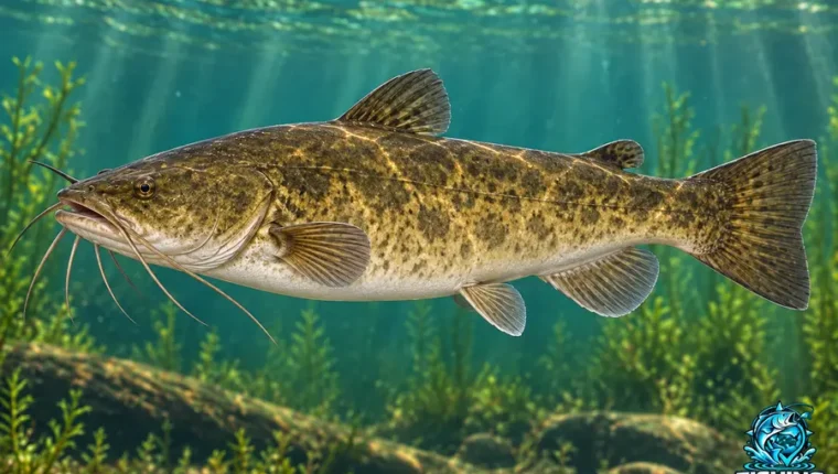 Flathead Catfish illustration facing left underwater, with a broad flattened head and mottled yellow-brown body.