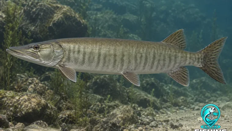 Muskellunge with dark vertical bars on pale olive sides and a pointed forked tail.