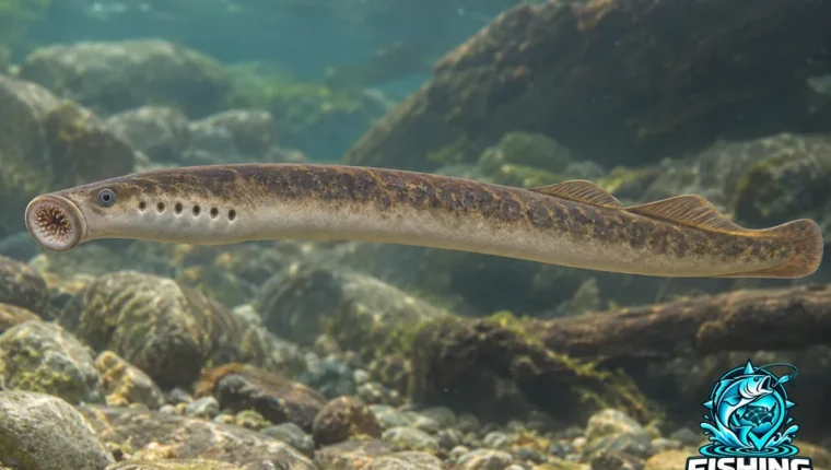Underwater side-profile illustration of Pacific Lamprey (Entosphenus tridentatus).
