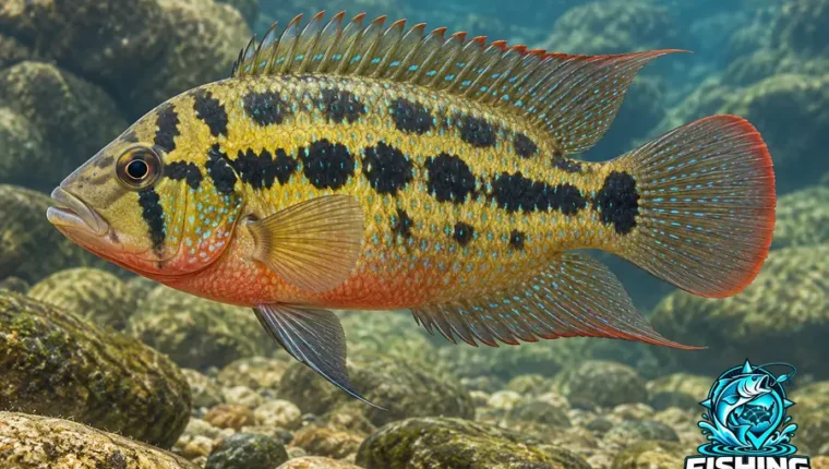 Underwater side-profile illustration of Salvin's Cichlid (Cichlasoma salvini).