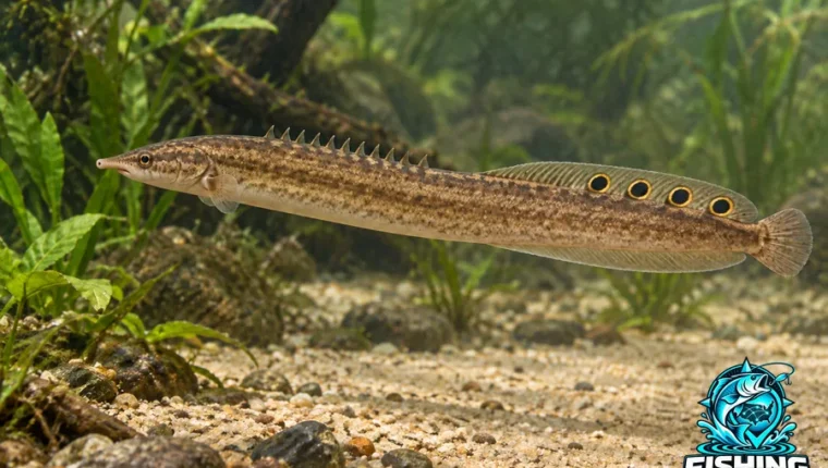 Underwater side-profile illustration of Spotfin Spiny Eel (Macrognathus siamensis).