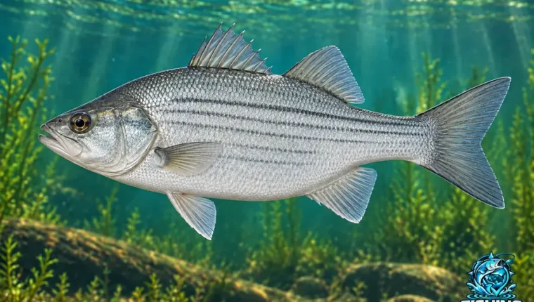 White Bass illustration facing left underwater, with a silver body and thin horizontal stripes.