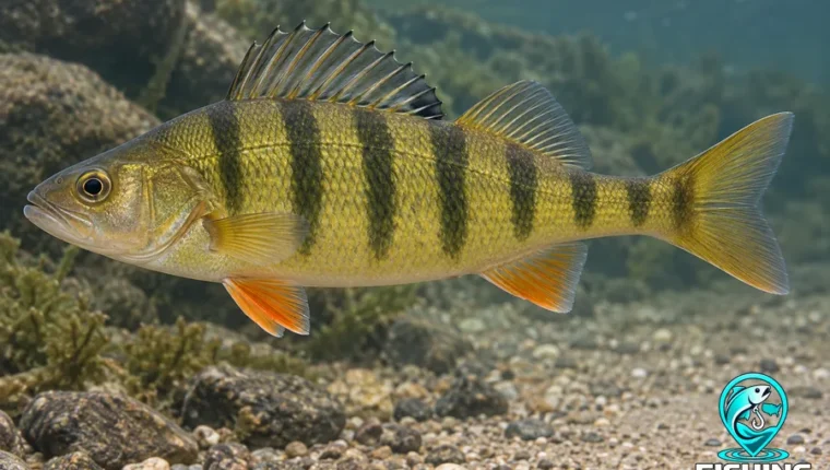 Yellow Perch with dark vertical bars on golden sides and orange lower fins.