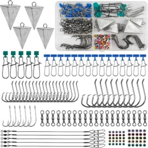 135pcs Saltwater Fishing Gear Surf Fishing Rigs Tackle Kit, Fish Finder Rig Include Pyramid Sinker Weights, Fishing Leaders, Sinker Slider, Fishing Hooks Swivels, Beach Surf Salt Water Stuff